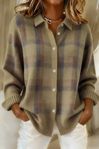 Cardigan à carreaux femme, ouvert devant, du S au 5XL, marron