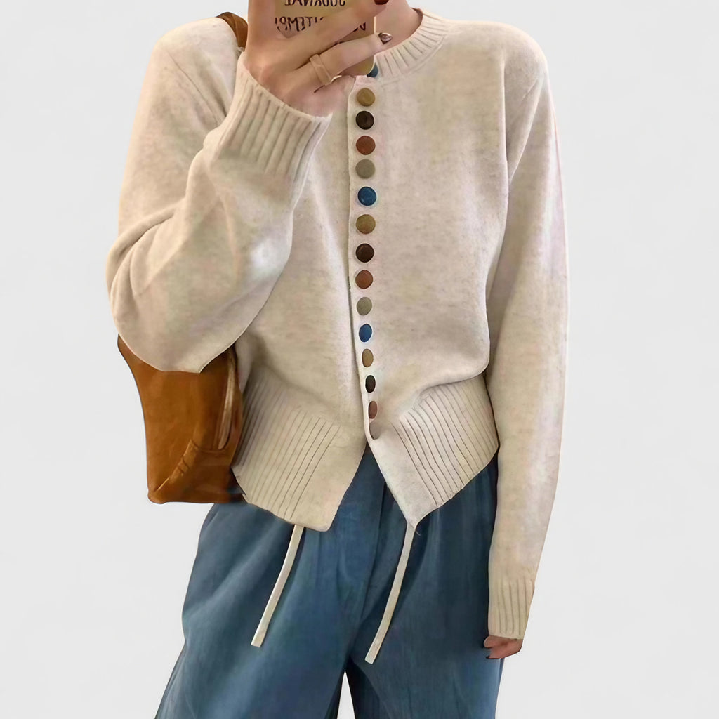 Cardigan femme boutonné, coupe droite, une seule taille, crème