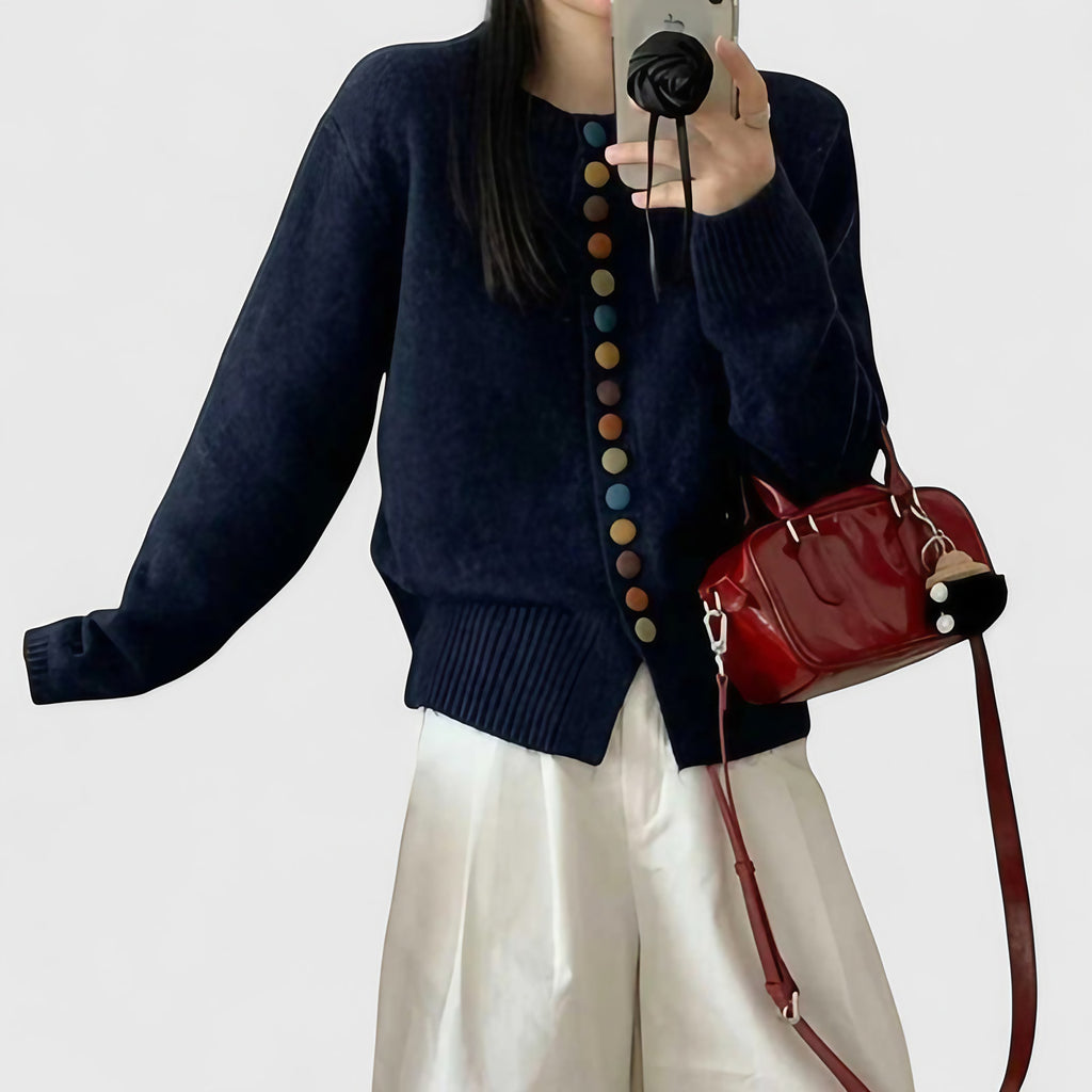 Cardigan femme boutonné, coupe droite, une seule taille, bleu
