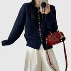 Cardigan femme boutonné, coupe droite, une seule taille, bleu