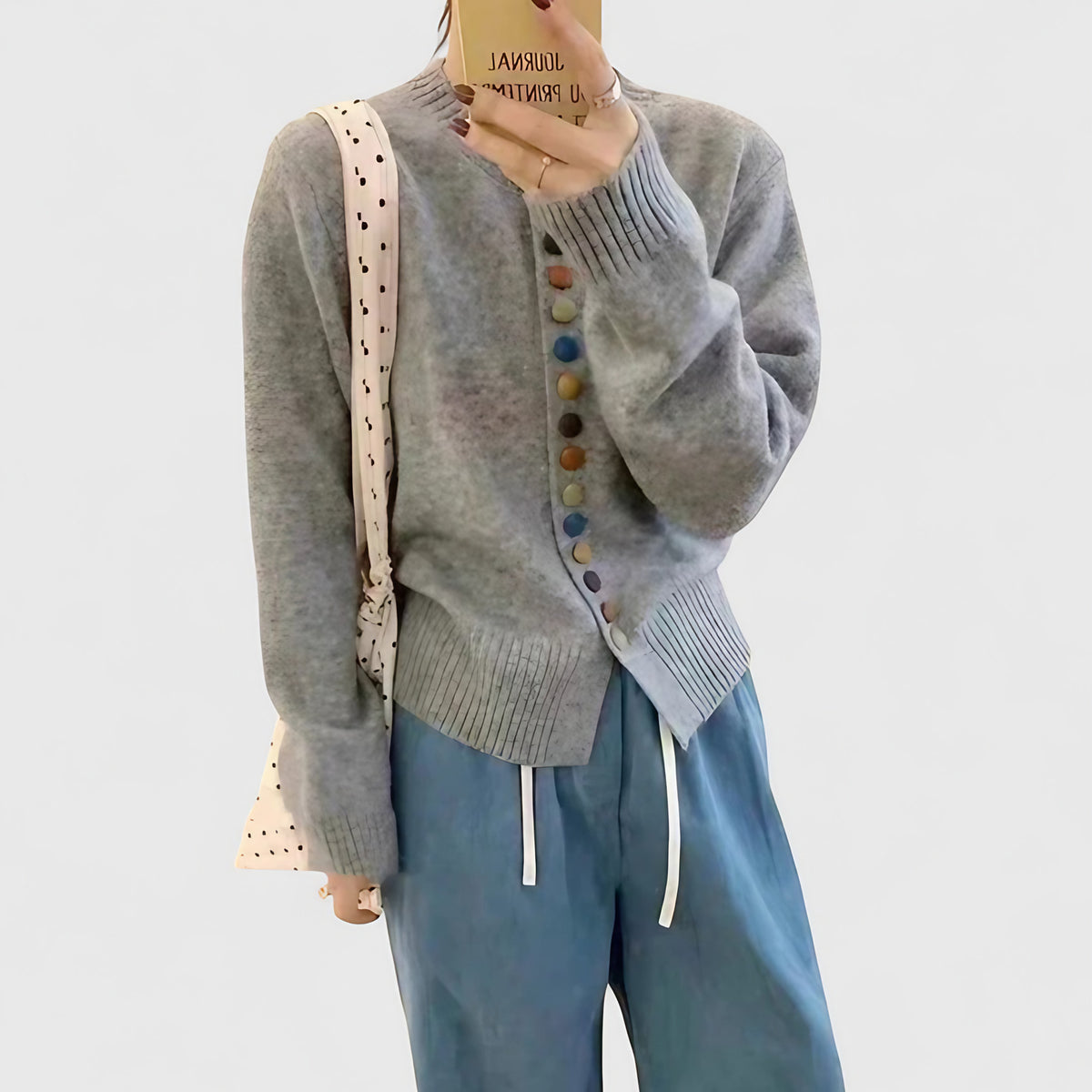 Cardigan femme boutonné, coupe droite, une seule taille, gris