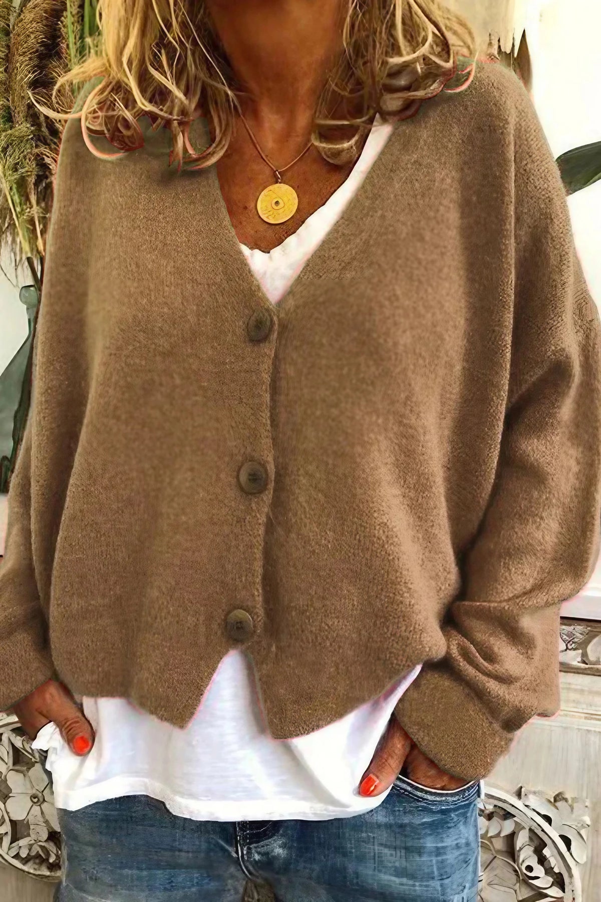 Cardigan femme patchwork à col V, mi-long, du S au 3XL, kaki