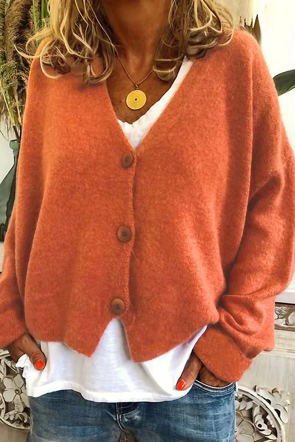 Cardigan femme patchwork à col V, mi-long, du S au 3XL, orange