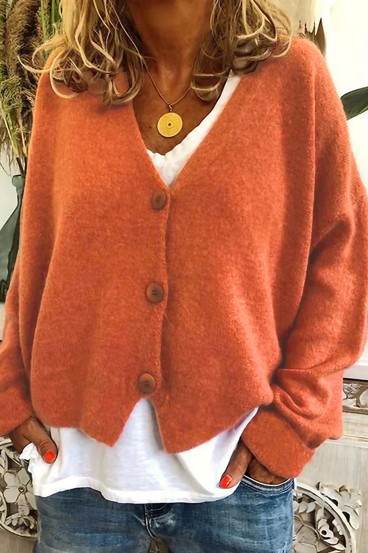 Cardigan femme patchwork à col V, mi-long, du S au 3XL, orange