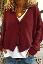 Cardigan femme patchwork à col V, mi-long, du S au 3XL, rouge vin