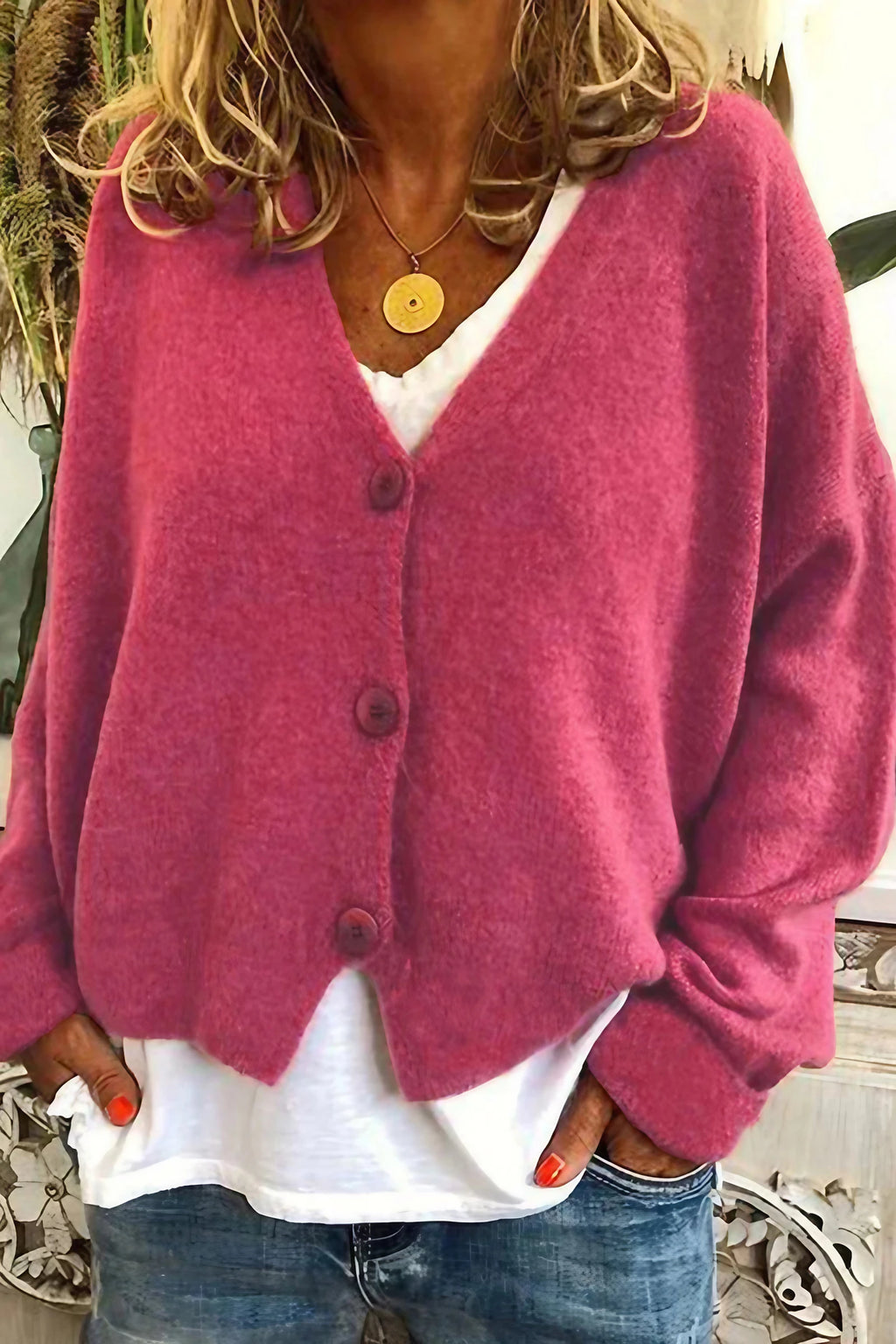 Cardigan femme patchwork à col V, mi-long, du S au 3XL, rose rouge