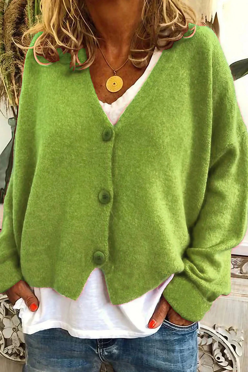 Cardigan femme patchwork à col V, mi-long, du S au 3XL, vert clair