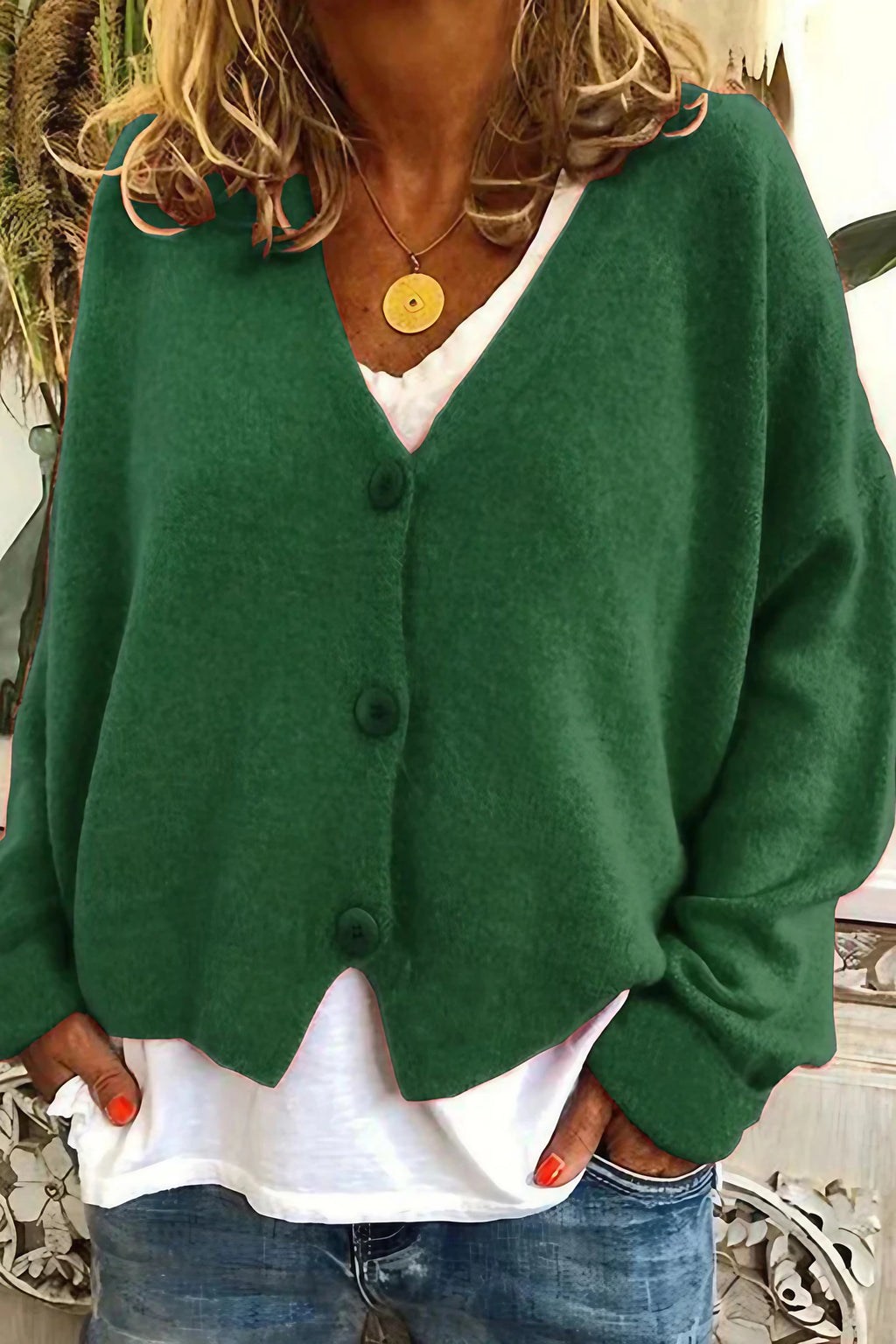 Cardigan femme patchwork à col V, mi-long, du S au 3XL, vert foncé