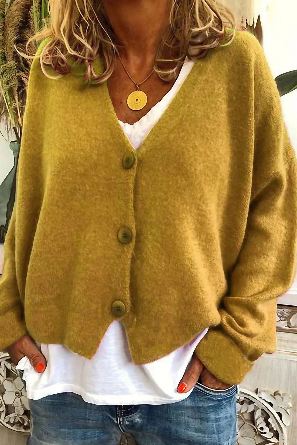 Cardigan femme patchwork à col V, mi-long, du S au 3XL, jaune