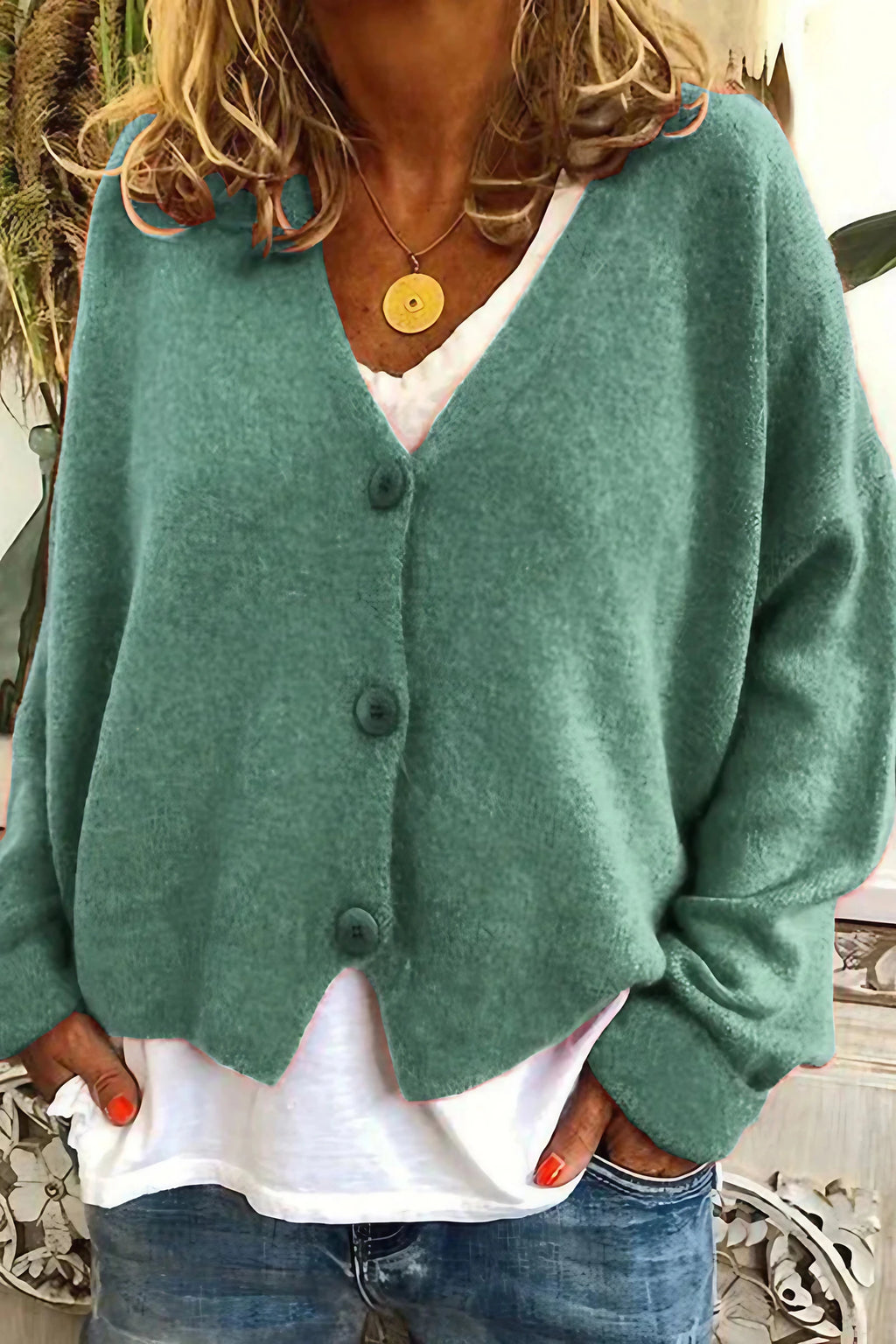 Cardigan femme patchwork à col V, mi-long, du S au 3XL, vert