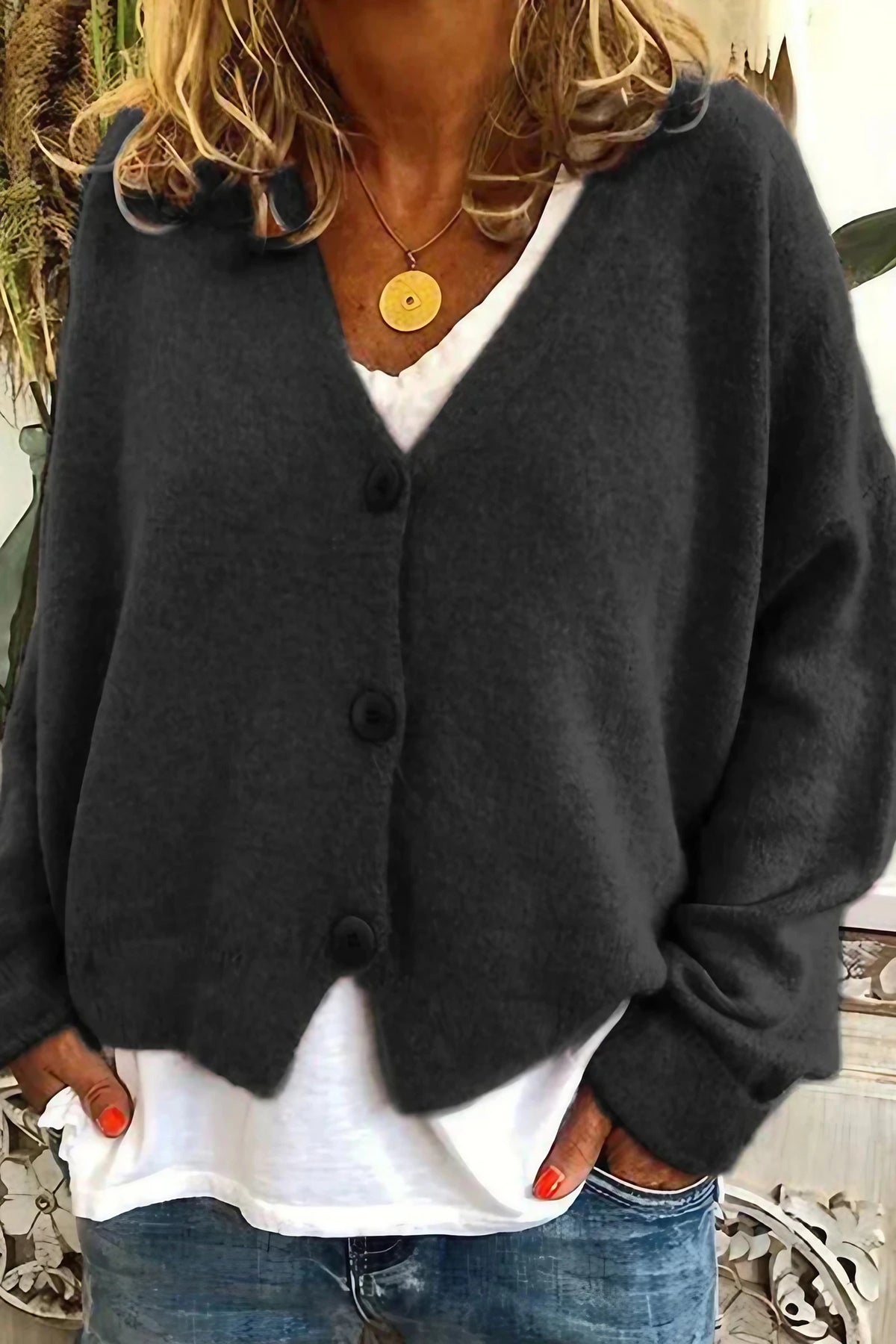 Cardigan femme patchwork à col V, mi-long, du S au 3XL, noir
