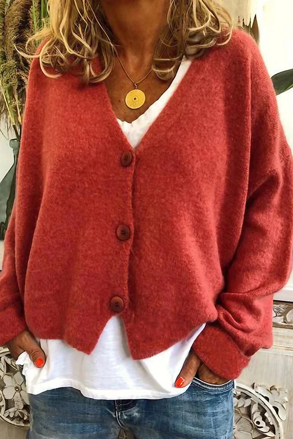 Cardigan femme patchwork à col V, mi-long, du S au 3XL, rouge brique