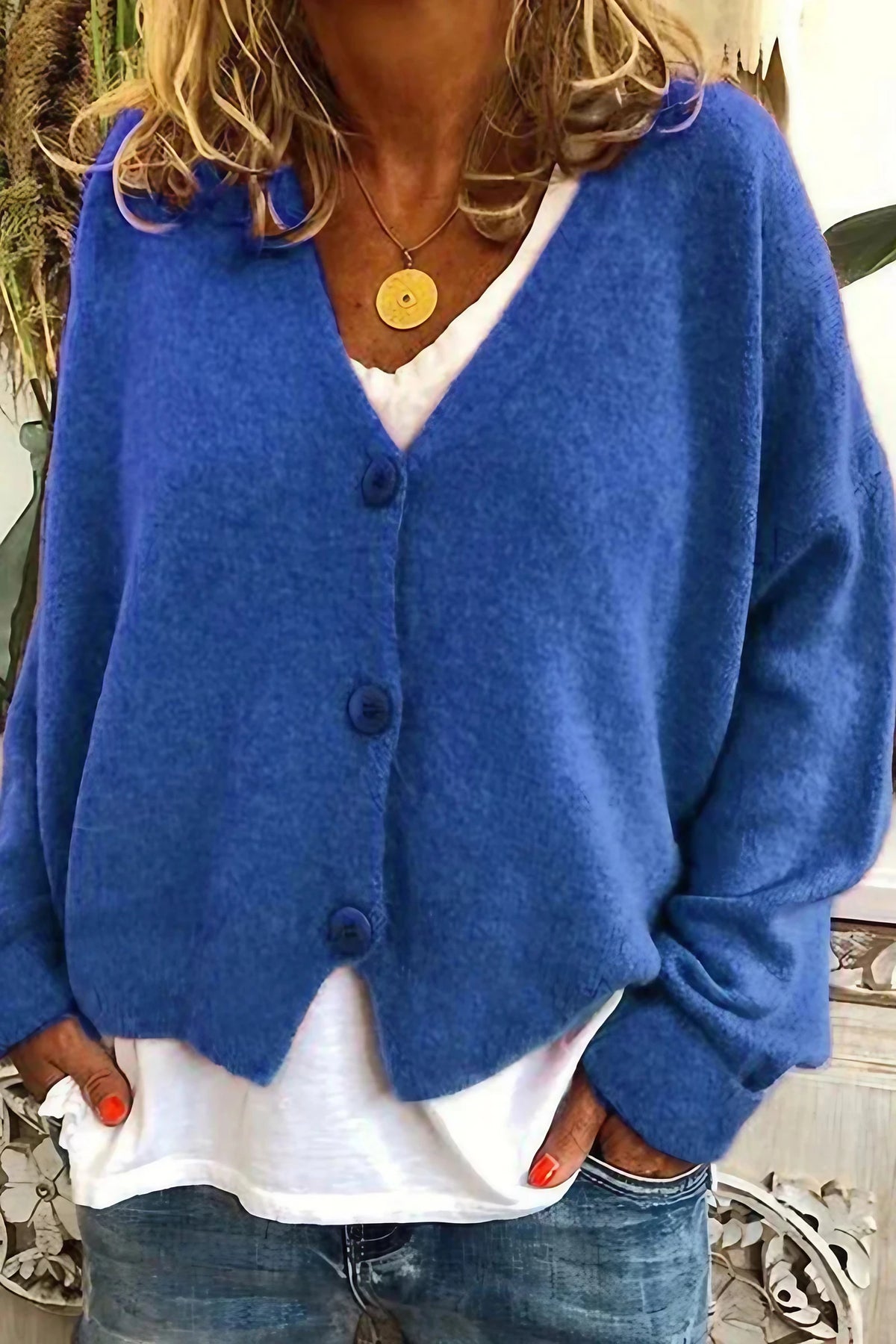 Cardigan femme patchwork à col V, mi-long, du S au 3XL, bleu