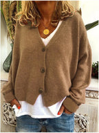 Cardigan femme en maille à col V boutonné, manches longues, kaki