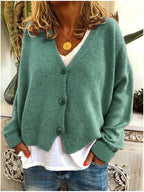 Cardigan femme en maille à col V boutonné, manches longues, bleu marine