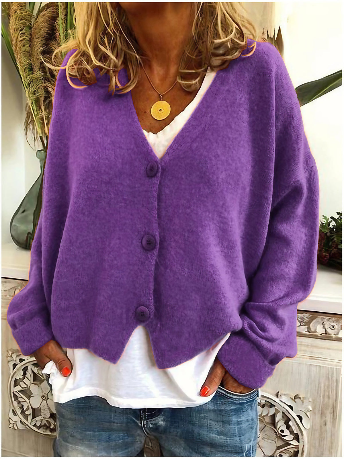 Cardigan femme en maille à col V boutonné, manches longues, violet