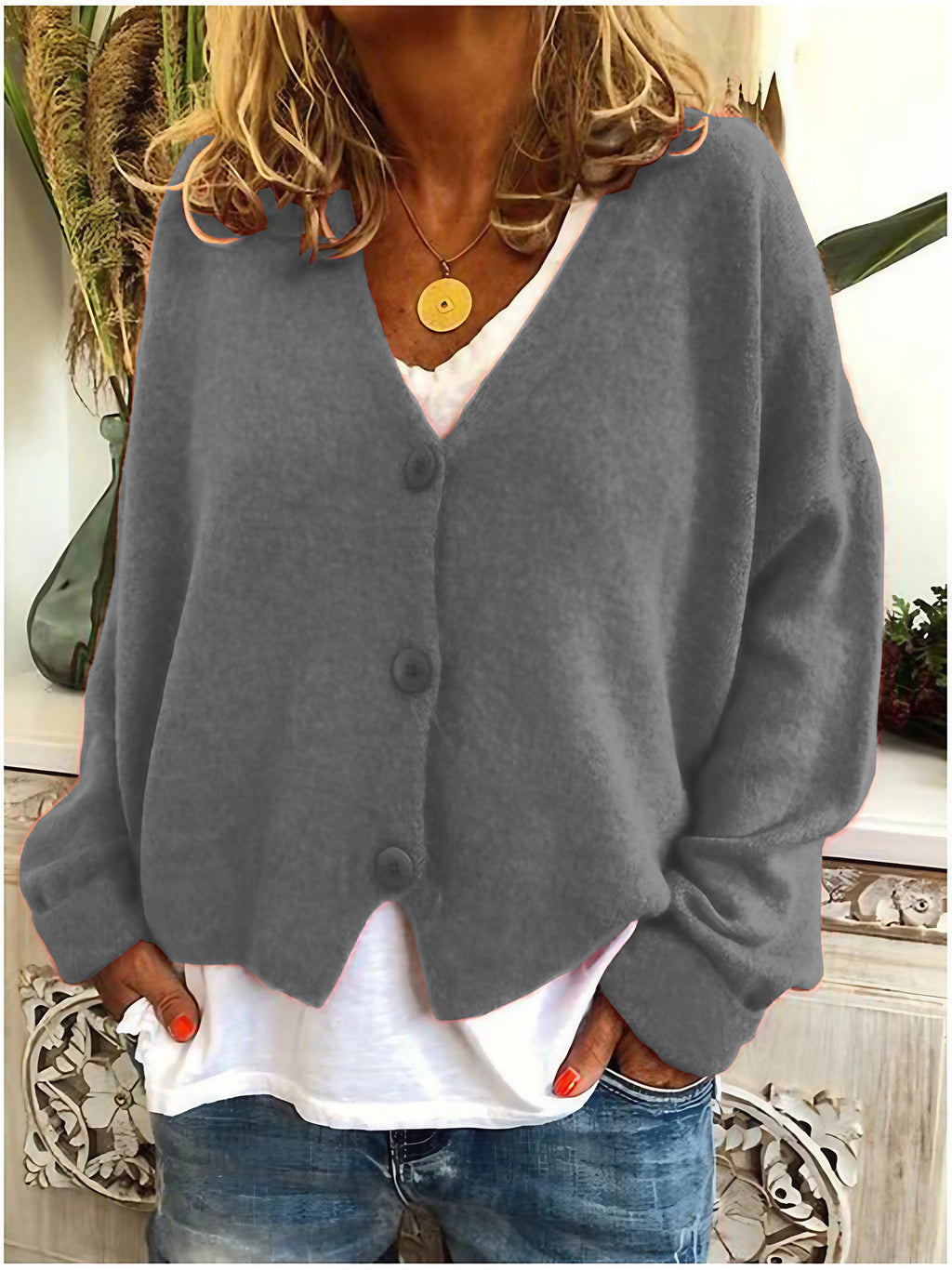Cardigan femme en maille à col V boutonné, manches longues, gris