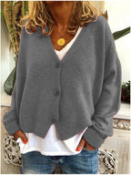 Cardigan femme en maille à col V boutonné, manches longues, gris