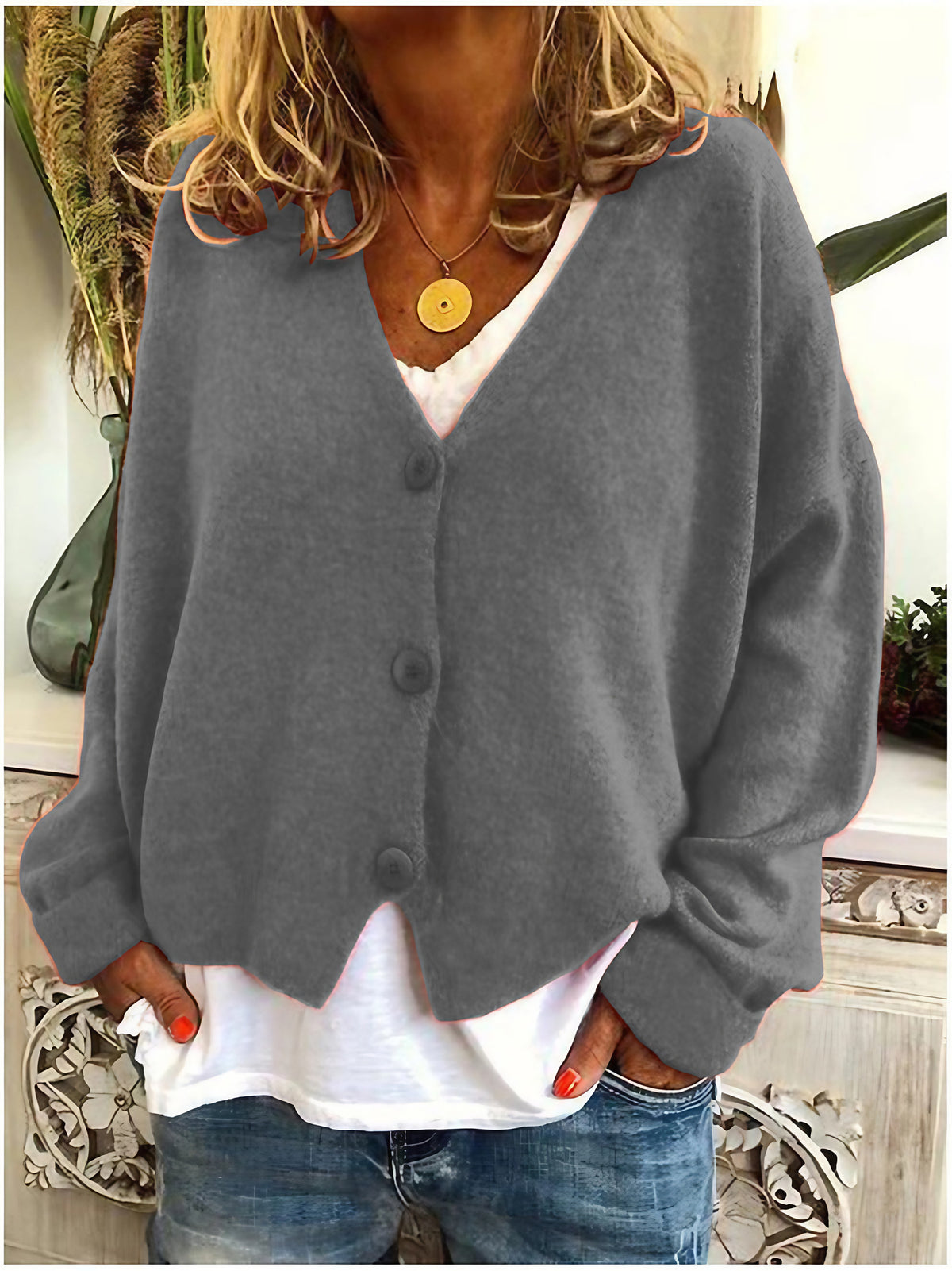 Cardigan femme en maille à col V boutonné, manches longues, gris