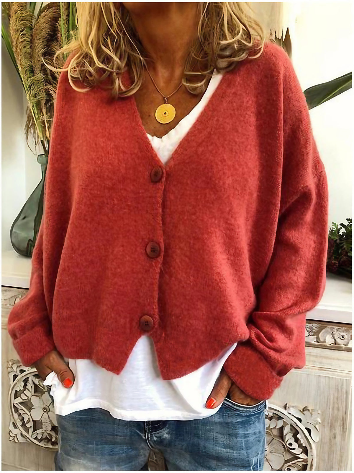 Cardigan femme en maille à col V boutonné, manches longues, rouge orangé