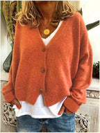 Cardigan femme en maille à col V boutonné, manches longues, orange