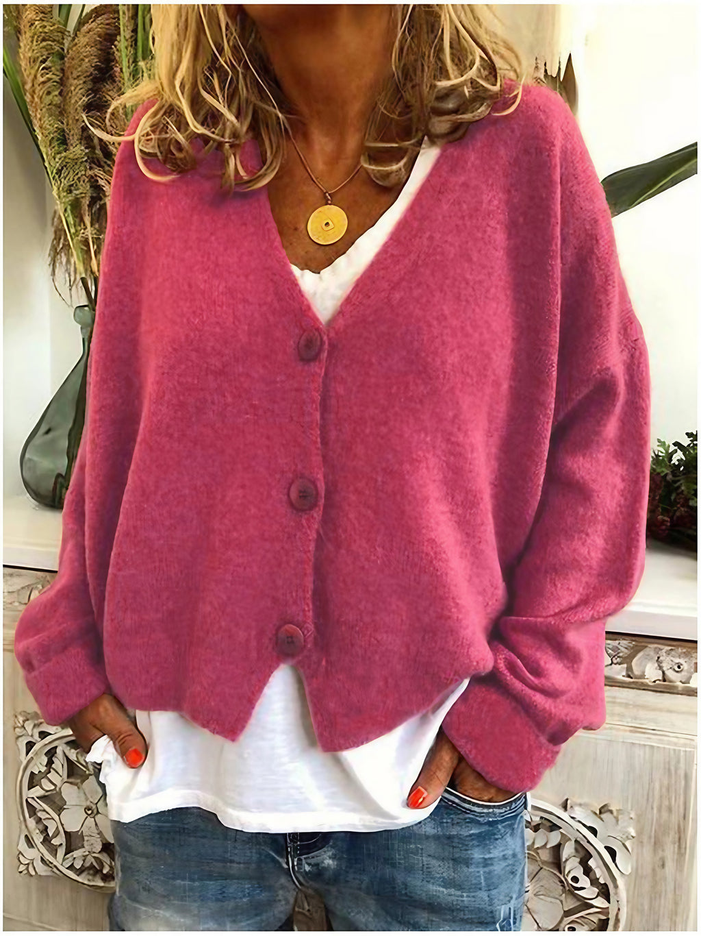 Cardigan femme en maille à col V boutonné, manches longues, rouge rosé
