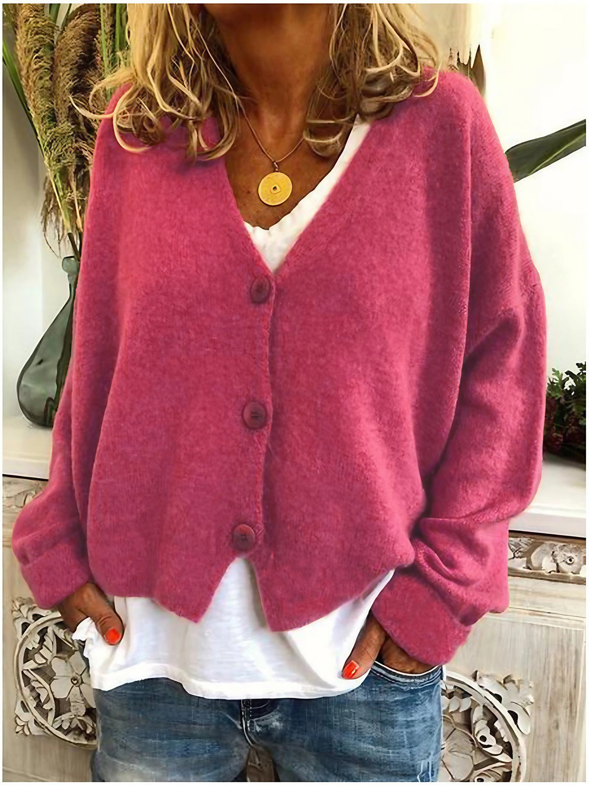 Cardigan femme en maille à col V boutonné, manches longues, rouge rosé