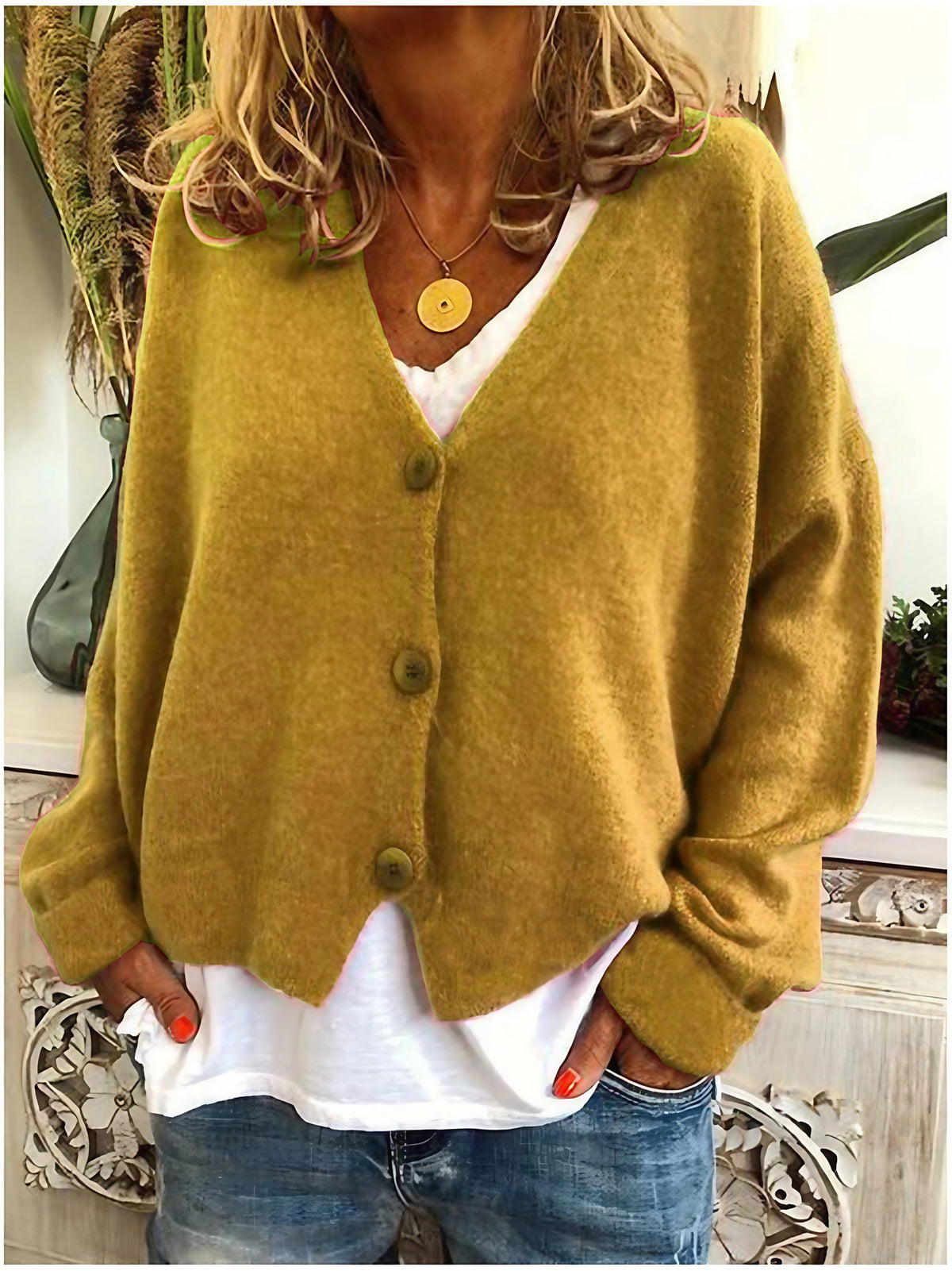 Cardigan femme en maille à col V boutonné, manches longues, jaune