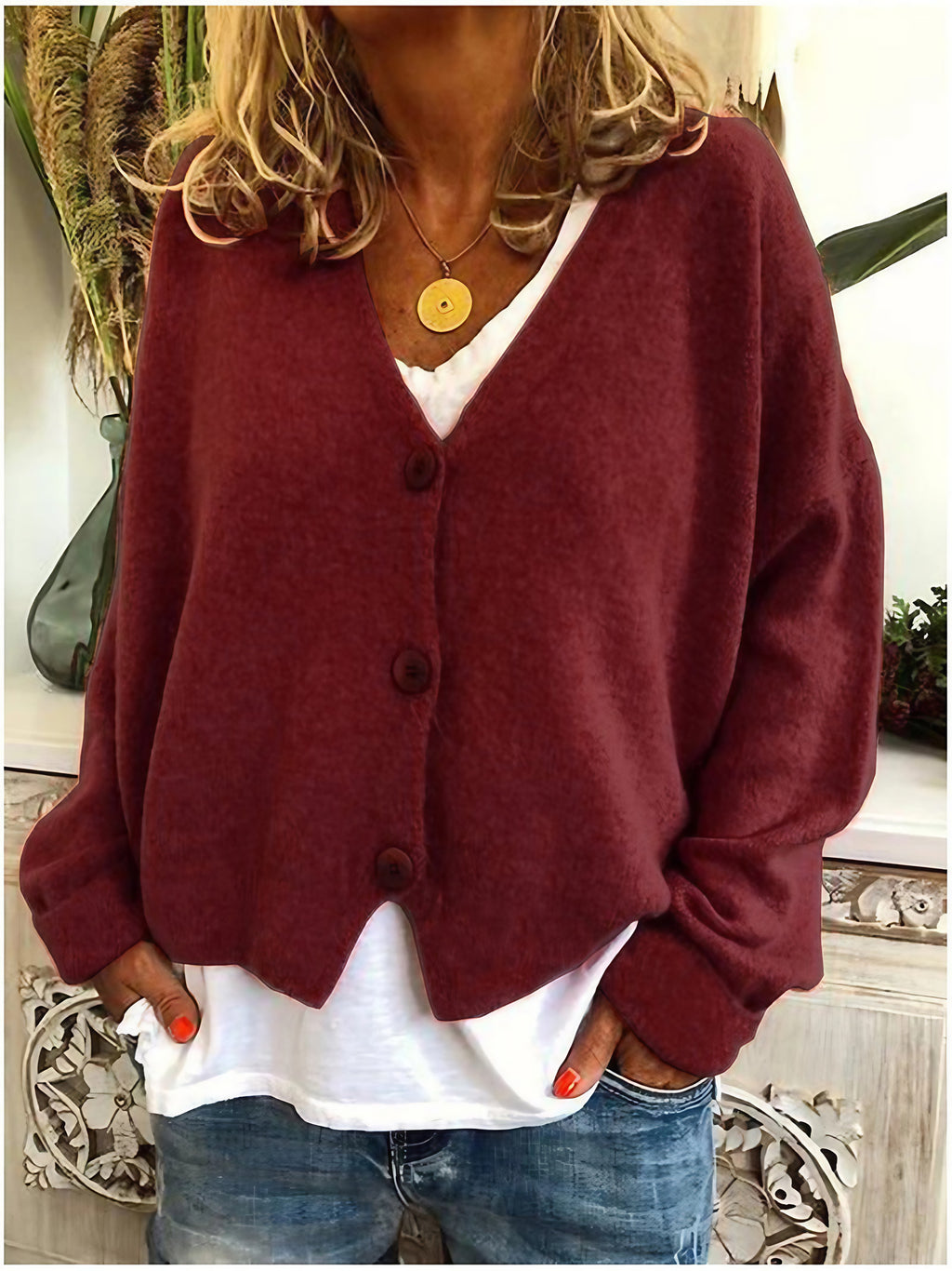 Cardigan femme en maille à col V boutonné, manches longues, bordeaux