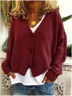 Cardigan femme en maille à col V boutonné, manches longues, bordeaux