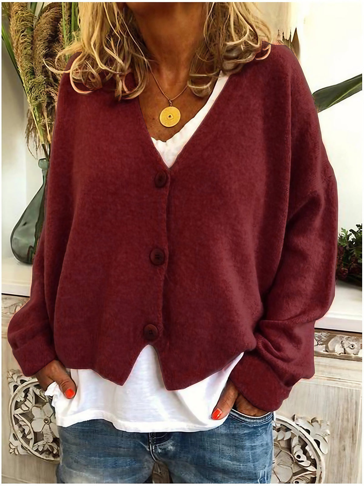 Cardigan femme en maille à col V boutonné, manches longues, bordeaux