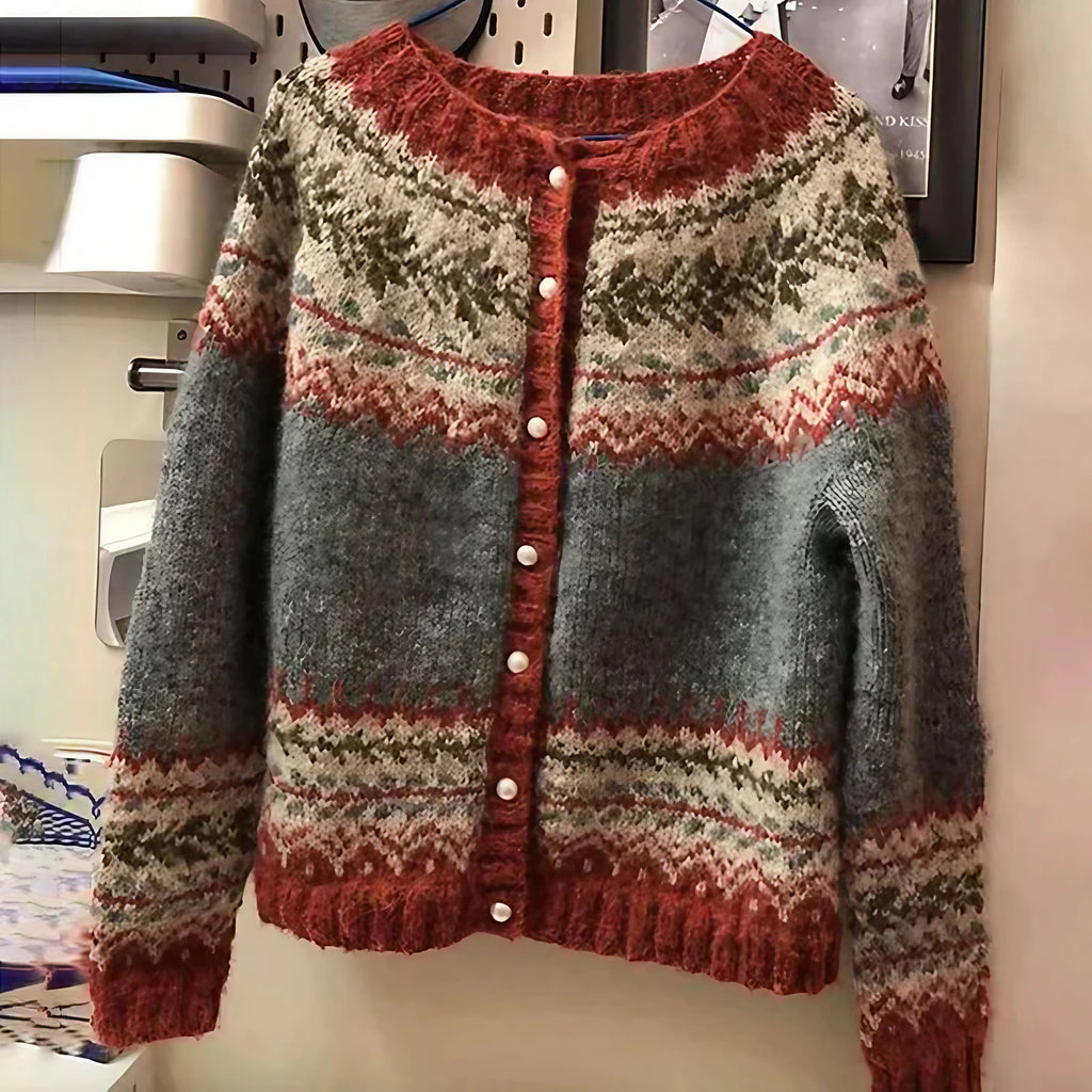 Cardigan femme en tricot à motif nordique Fair Isle, marron
