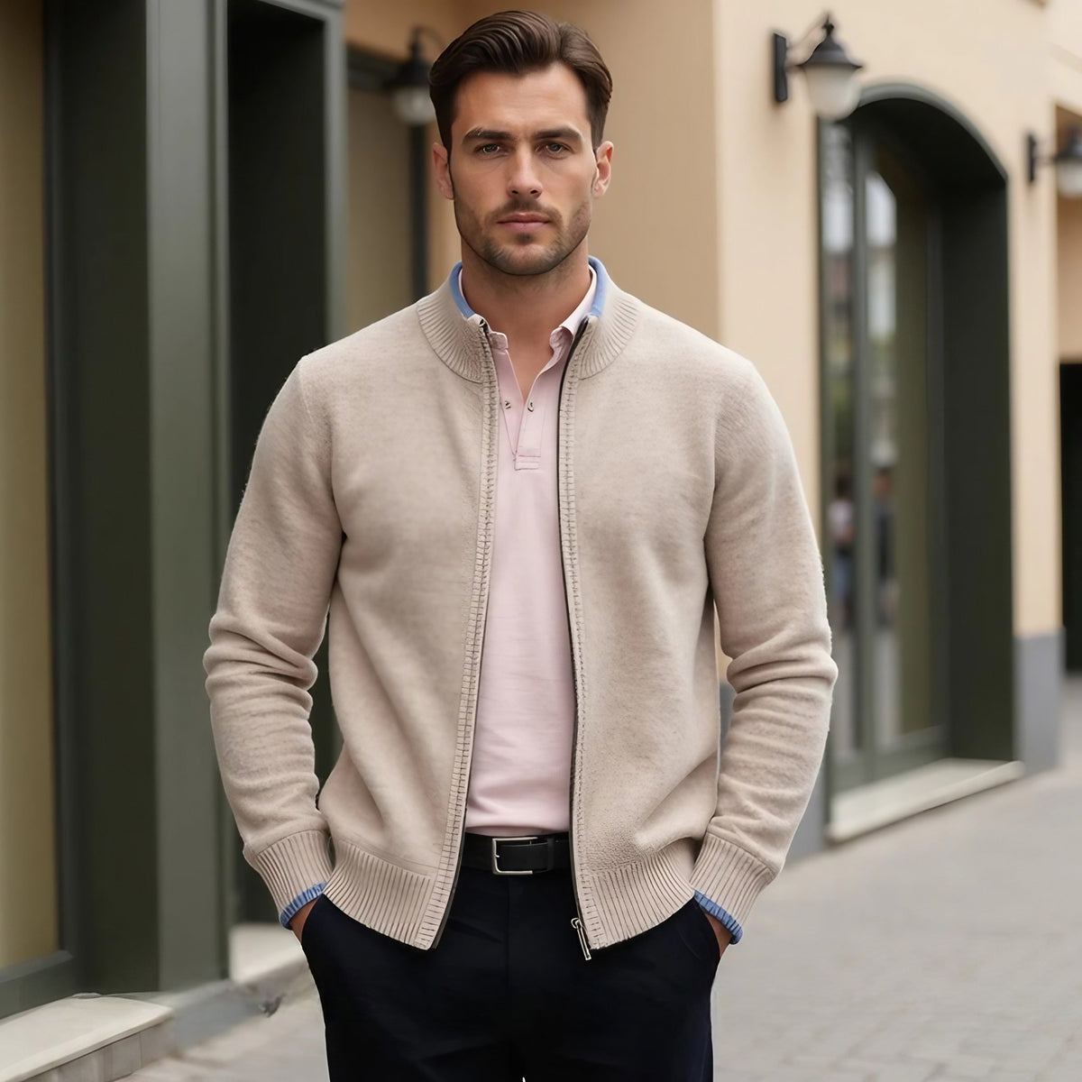 Cardigan homme à fermeture éclair, trois coloris, du S au 3XL, beige