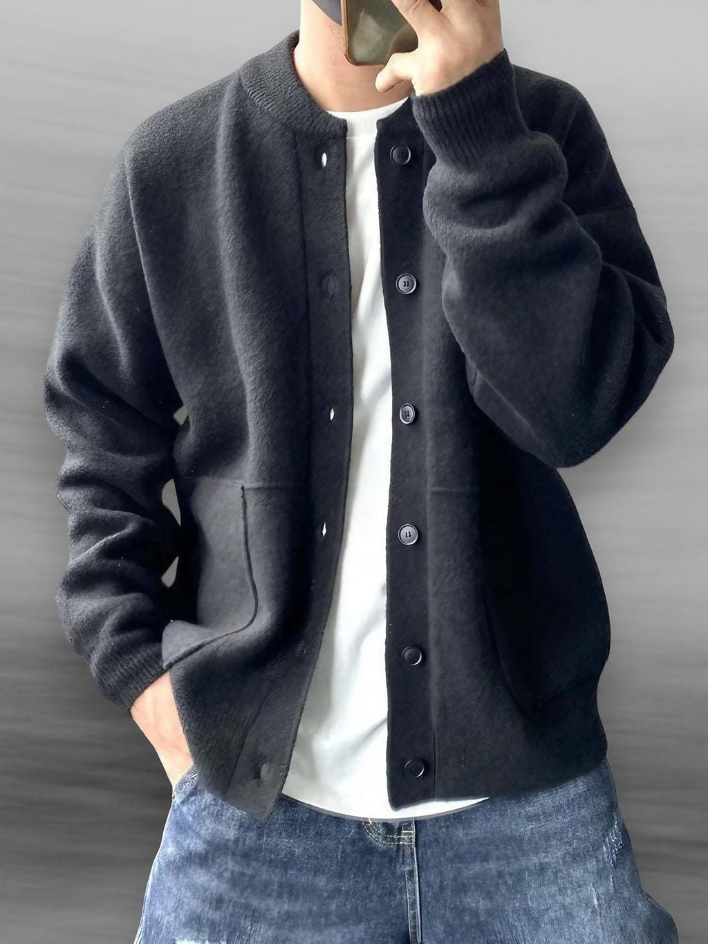 Cardigan homme boutonné, coupe ample, poignets côtelés, trois coloris, noir