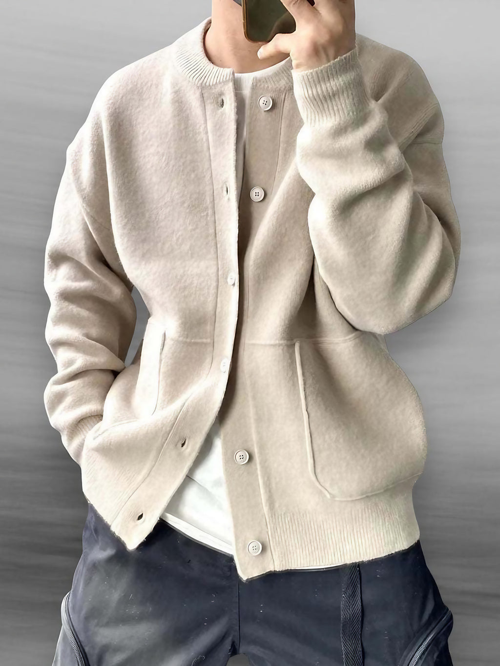 Cardigan homme boutonné, coupe ample, poignets côtelés, trois coloris, beige