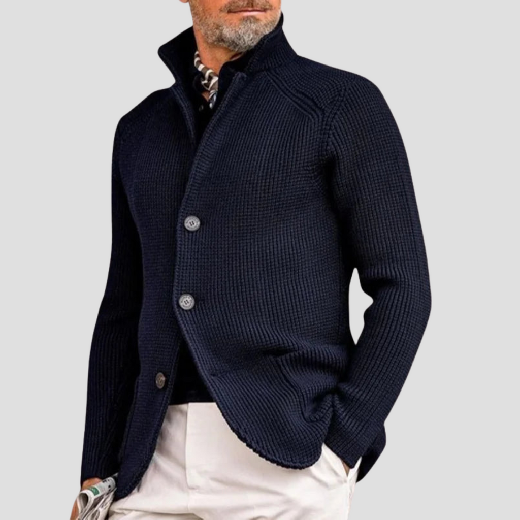 Cardigan homme en maille côtelée, col montant à trois boutons