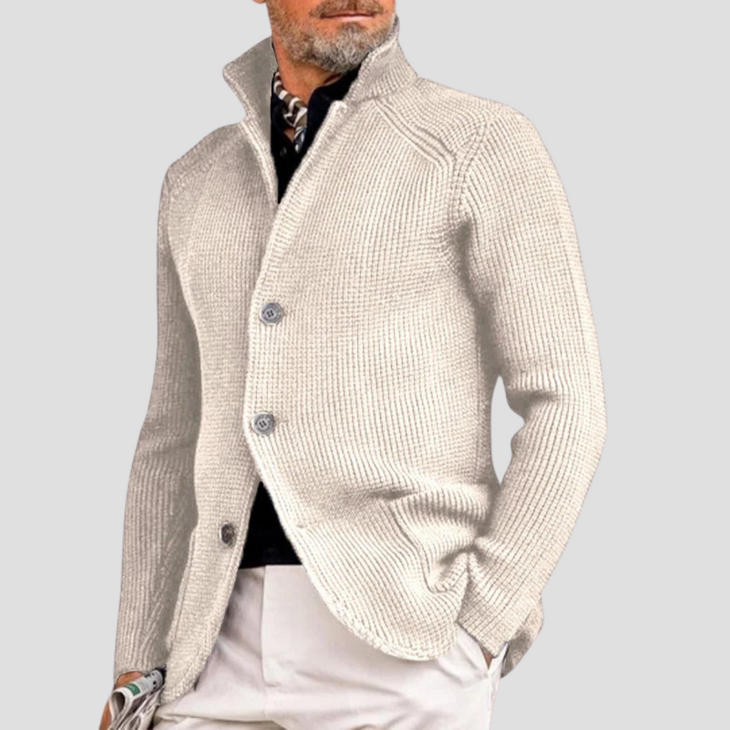 Cardigan homme en maille côtelée, col montant à trois boutons