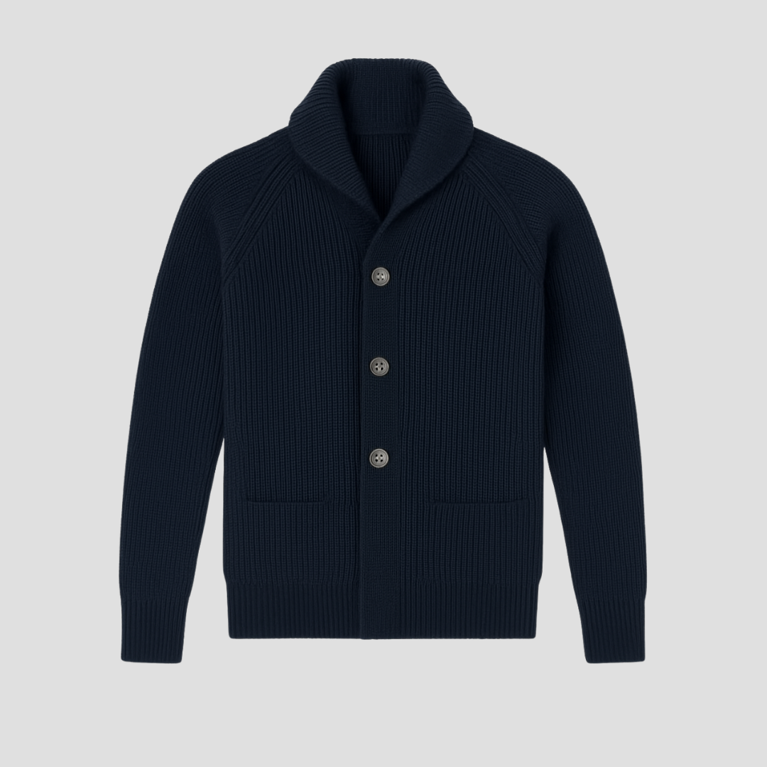 Cardigan homme en maille côtelée, col montant à trois boutons