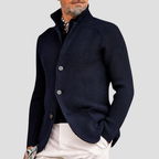 Cardigan homme en maille côtelée, col montant à trois boutons, bleu marine