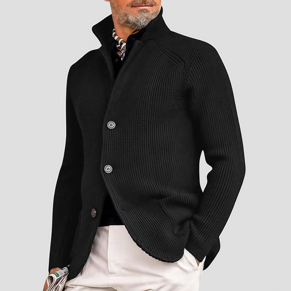 Cardigan homme en maille côtelée, col montant à trois boutons, noir