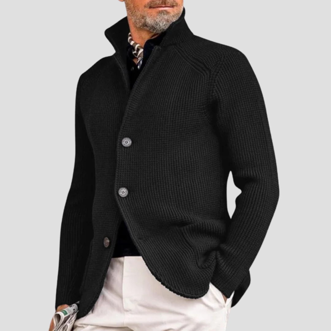 Cardigan homme en maille côtelée, col montant à trois boutons, noir