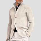 Cardigan homme en maille côtelée, col montant à trois boutons, blanc cassé