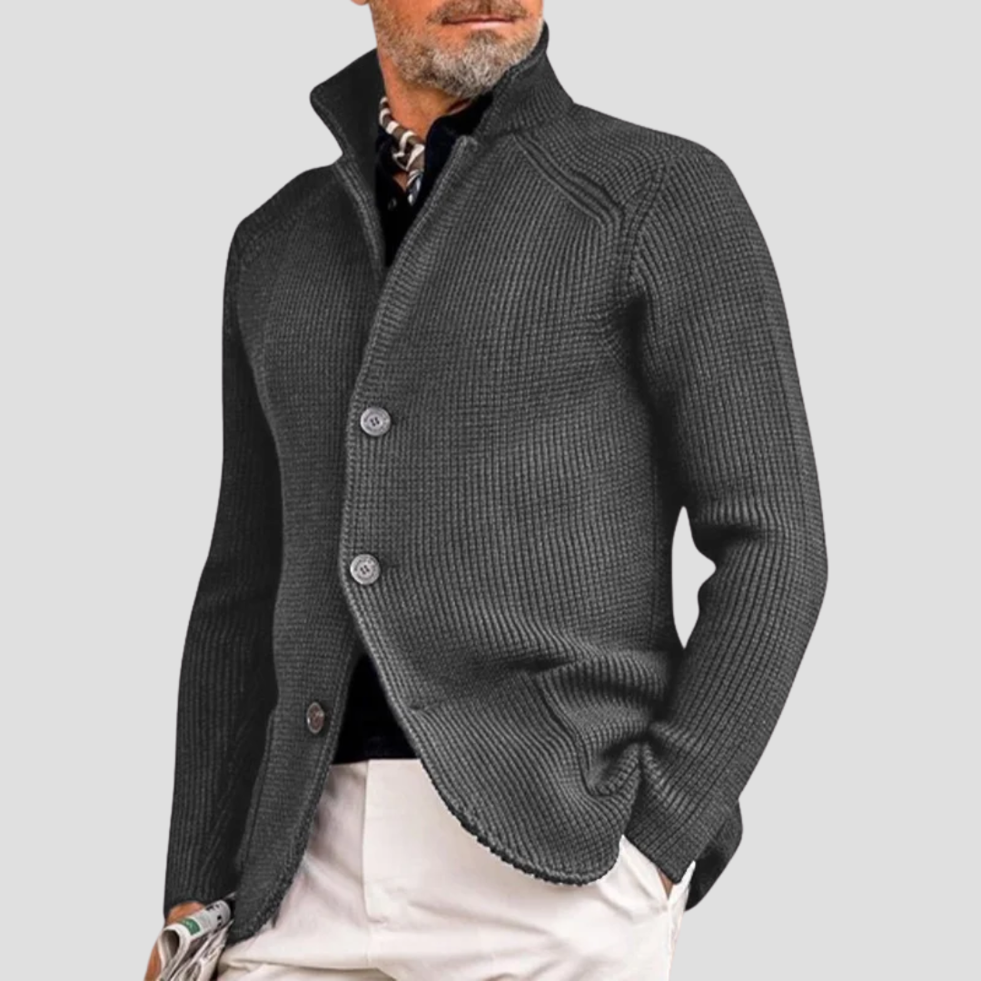 Cardigan homme en maille côtelée, col montant à trois boutons, gris