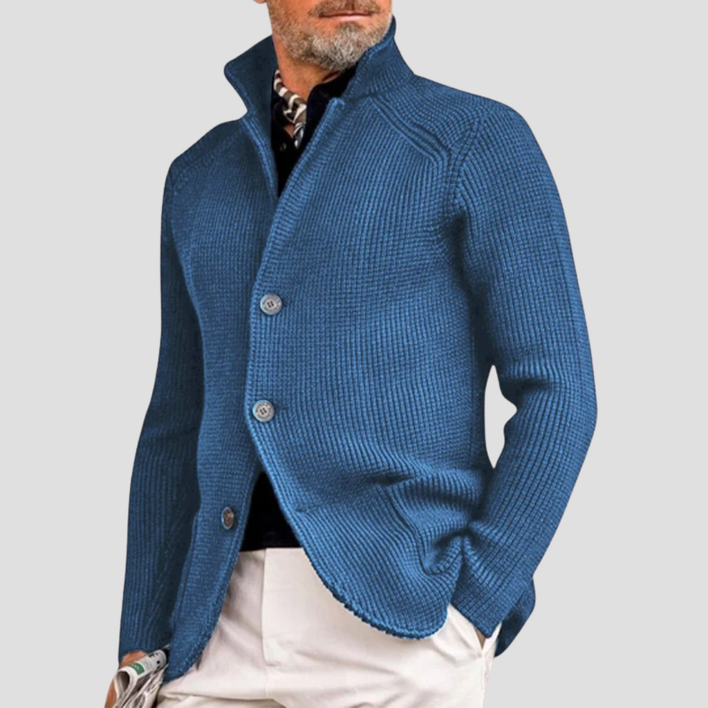 Cardigan homme en maille côtelée, col montant à trois boutons, bleu