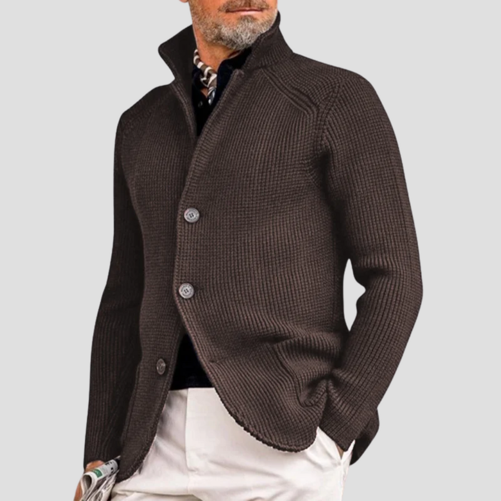 Cardigan homme en maille côtelée, col montant à trois boutons, marron