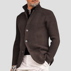 Cardigan homme en maille côtelée, col montant à trois boutons, marron