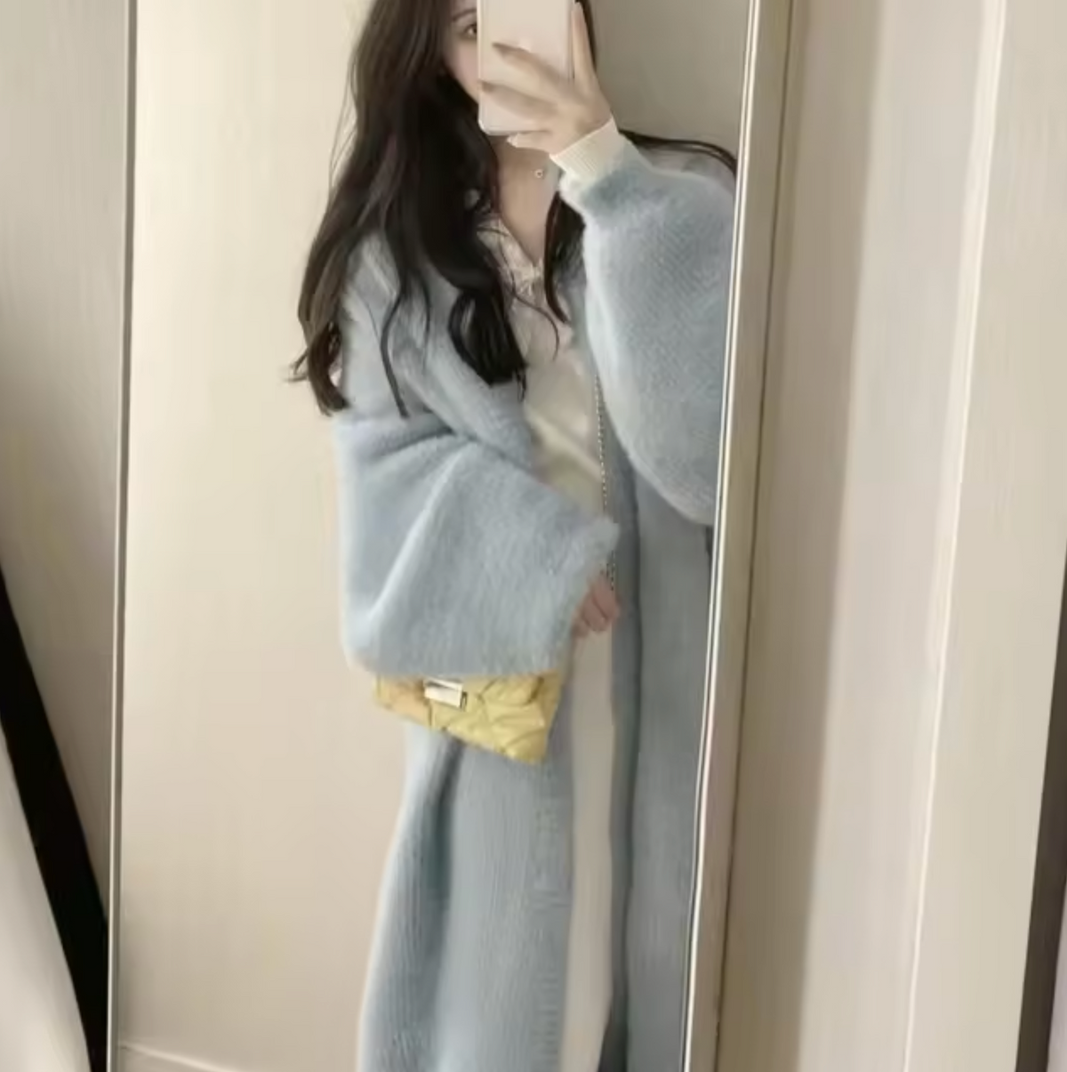 Cardigan long femme ample en maille duveteuse, coloris gris