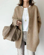 Cardigan femme ouvert col V à poches, manches longues, marron clair