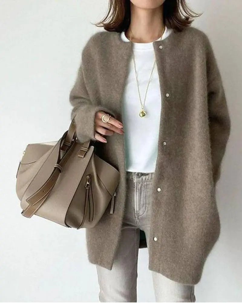 Cardigan femme ouvert col V à poches, manches longues, marron foncé