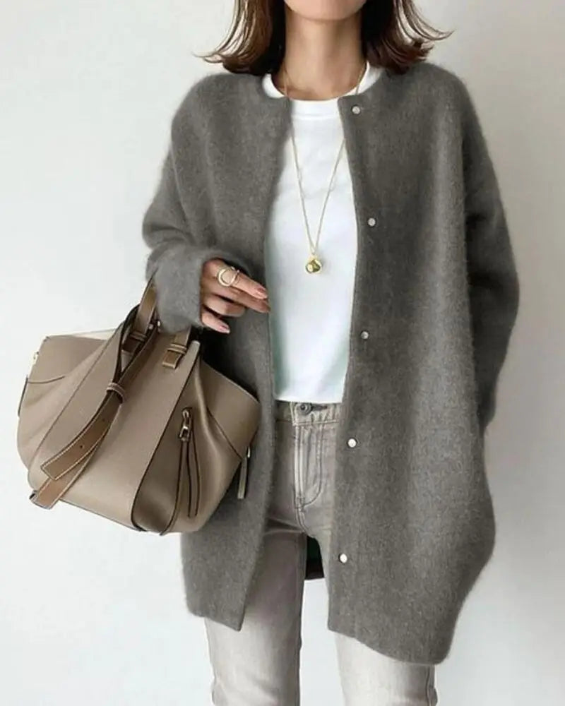 Cardigan femme ouvert col V à poches, manches longues, gris